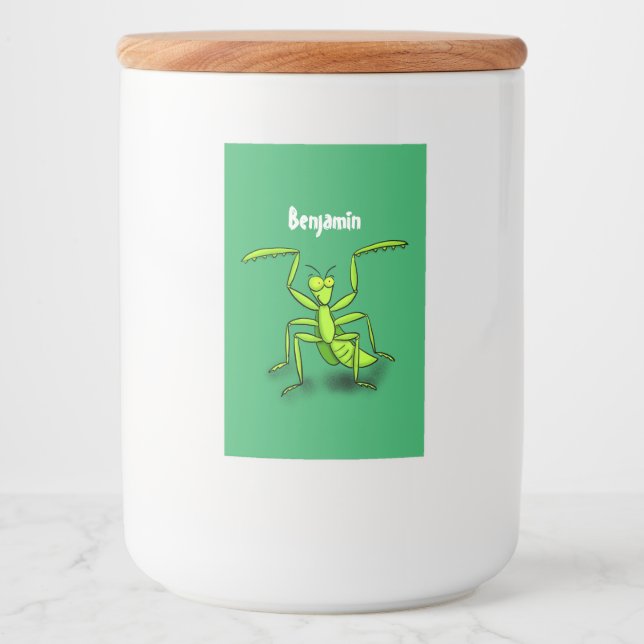 Funny green praying mantis cartoon illustration food label (Front)
