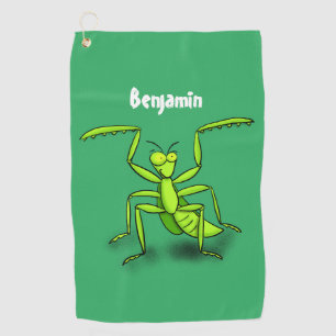 Funny green praying mantis cartoon illustration golf towel
