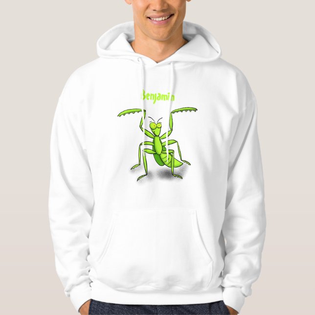 Funny green praying mantis cartoon illustration hoodie (Front)