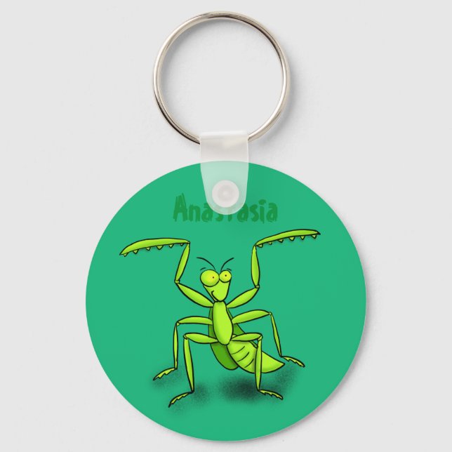 Funny green praying mantis cartoon illustration keychain (Front)