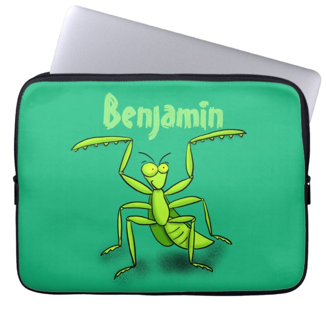 Funny green praying mantis cartoon illustration laptop sleeve (Front)