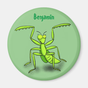 Funny green praying mantis cartoon illustration magnet