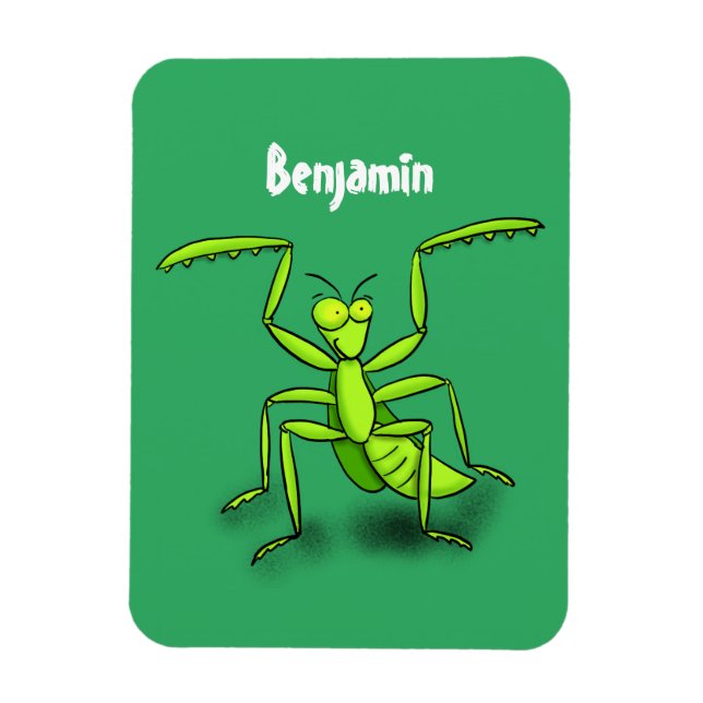 Funny green praying mantis cartoon illustration magnet (Vertical)