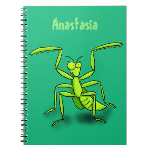 Funny green praying mantis cartoon illustration notebook