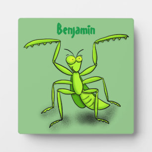 Funny green praying mantis cartoon illustration plaque