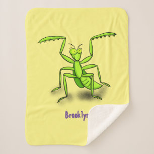 Funny green praying mantis cartoon illustration sherpa blanket