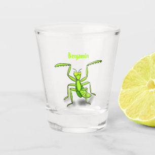 Funny green praying mantis cartoon illustration shot glass