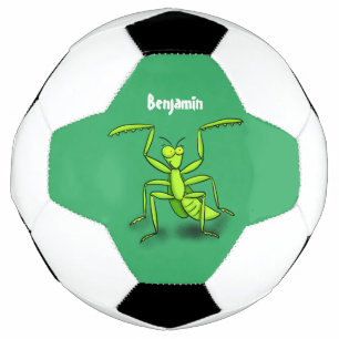 Funny green praying mantis cartoon illustration soccer ball