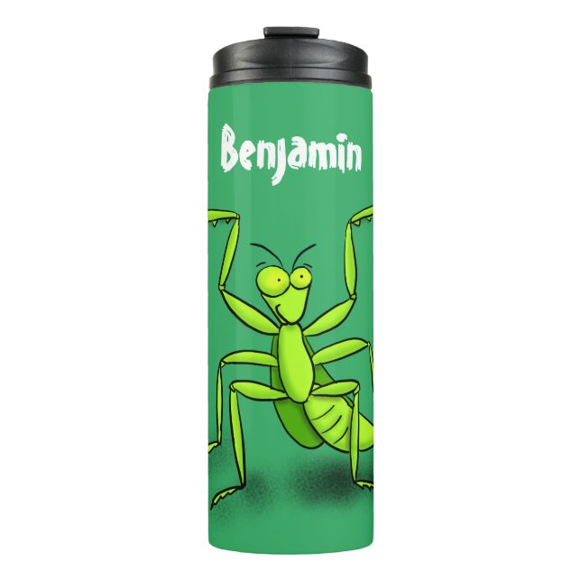 Funny green praying mantis cartoon illustration thermal tumbler (Front)