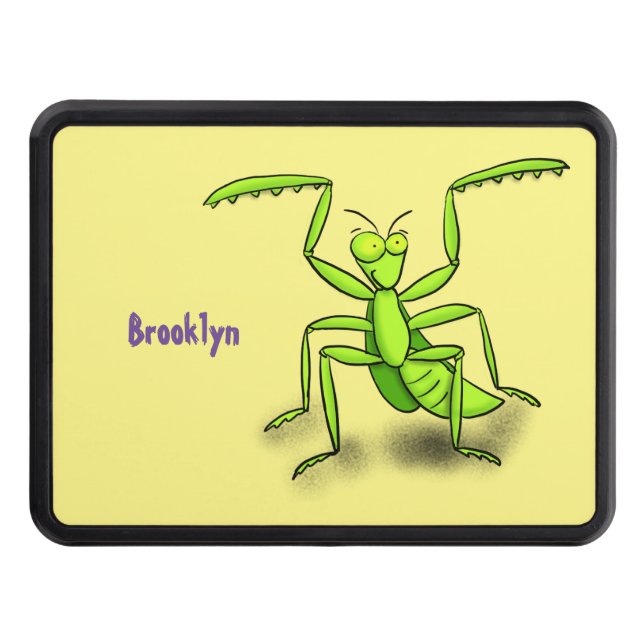 Funny green praying mantis cartoon illustration trailer hitch cover (Front)