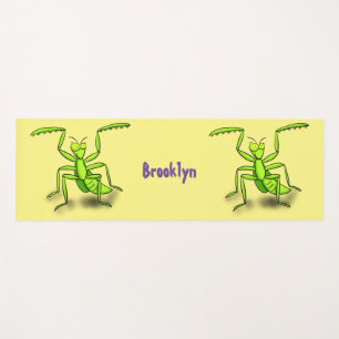 Funny green praying mantis cartoon illustration yoga mat