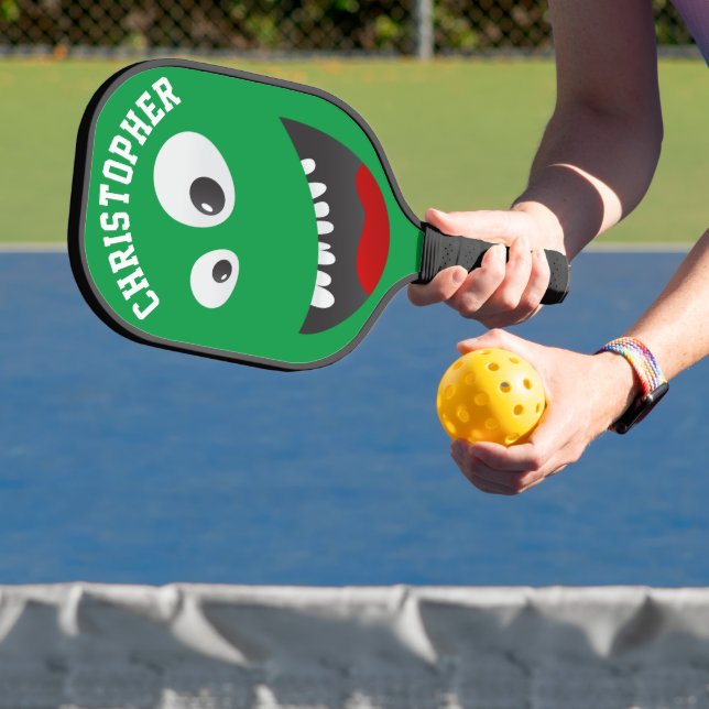 Funny Green Scary Face Novelty Personalized Name Pickleball Paddle (Insitu)