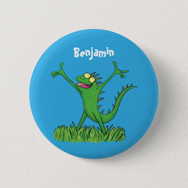 Funny green smiling animated iguana lizard 2 inch round button (Front)