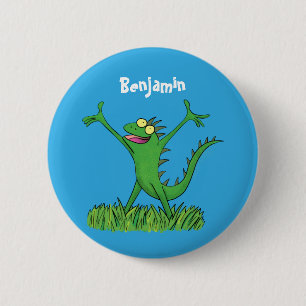 Funny green smiling animated iguana lizard 2 inch round button