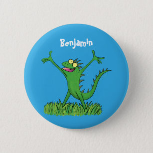 Funny green smiling animated iguana lizard 2 inch round button