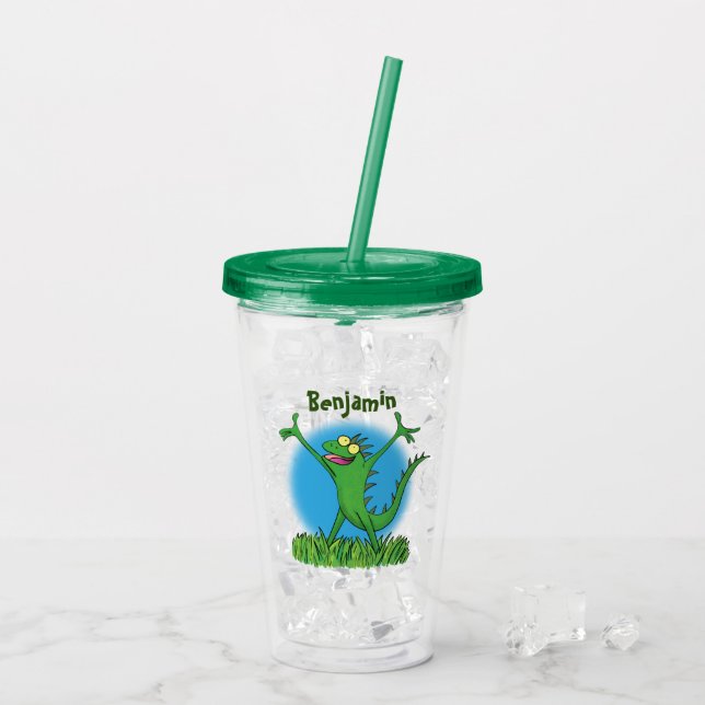Funny green smiling animated iguana lizard acrylic tumbler (Back Ice)