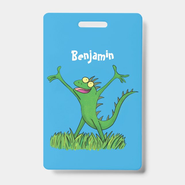 Funny green smiling animated iguana lizard badge (Front)