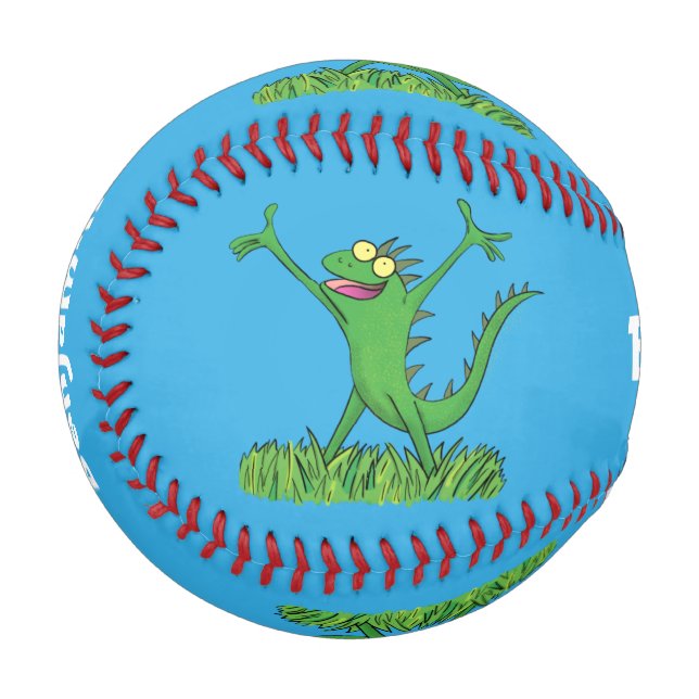 Funny green smiling animated iguana lizard baseball (Front Left)