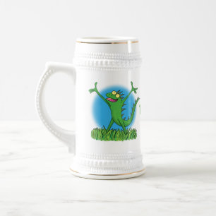 Funny green smiling animated iguana lizard beer stein