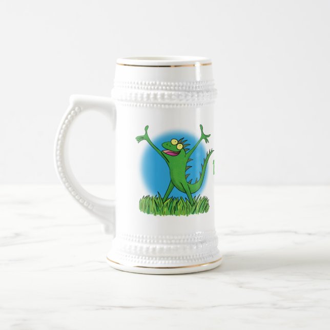 Funny green smiling animated iguana lizard beer stein (Left)