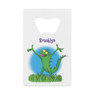 Funny green smiling animated iguana lizard  credit card bottle opener
