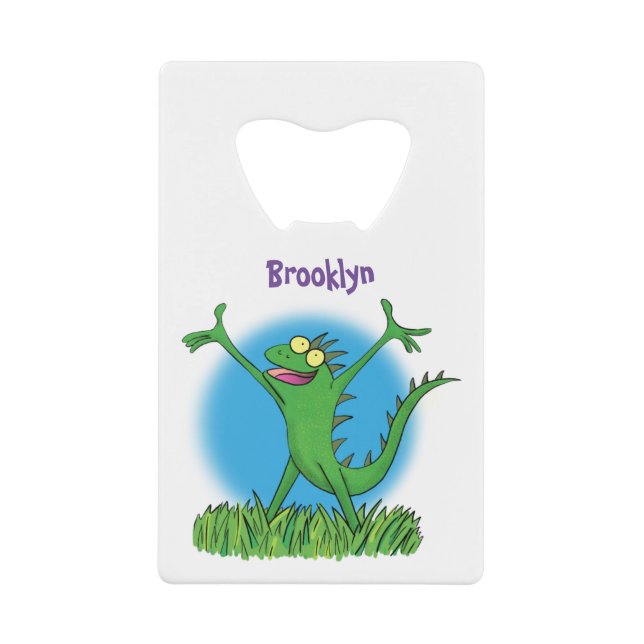 Funny green smiling animated iguana lizard  credit card bottle opener (Front)