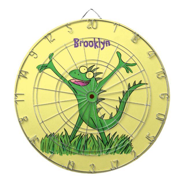 Funny green smiling animated iguana lizard dartboard (Front)
