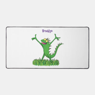 Funny green smiling animated iguana lizard desk mat