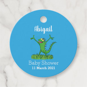 Funny green smiling animated iguana lizard favour tags