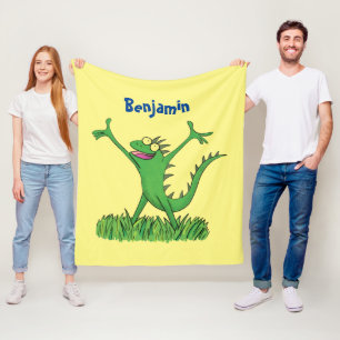 Funny green smiling animated iguana lizard fleece blanket