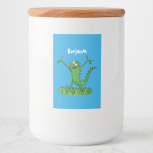 Funny green smiling animated iguana lizard food label