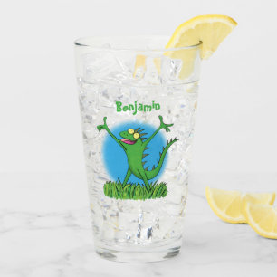 Funny green smiling animated iguana lizard glass