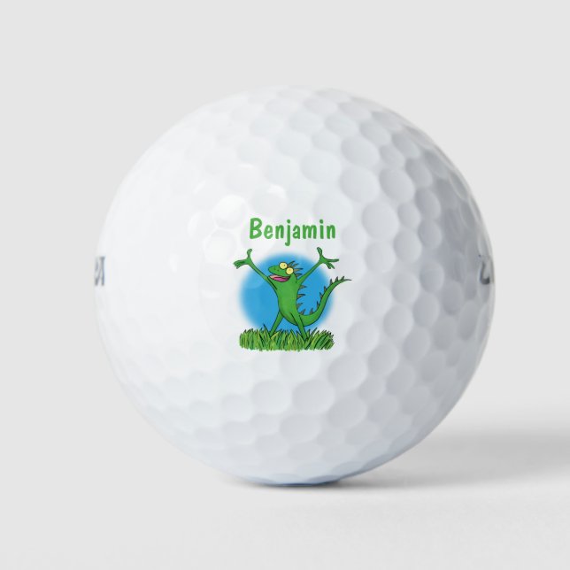 Funny green smiling animated iguana lizard golf balls (Front)