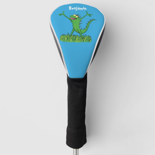 Funny green smiling animated iguana lizard  golf head cover (Front)