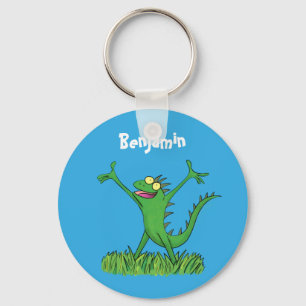 Funny green smiling animated iguana lizard keychain
