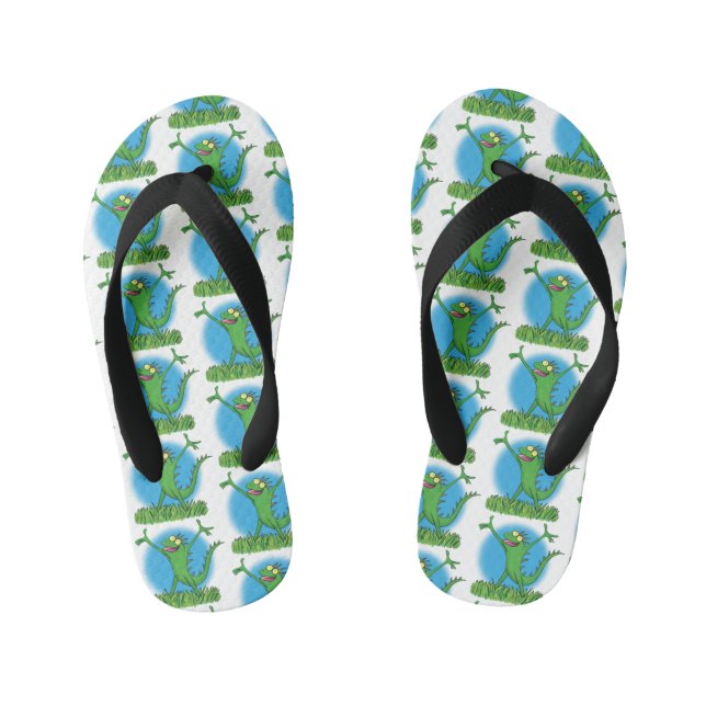 Funny green smiling animated iguana lizard kid's flip flops (Footbed)