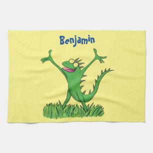 Funny green smiling animated iguana lizard kitchen towel