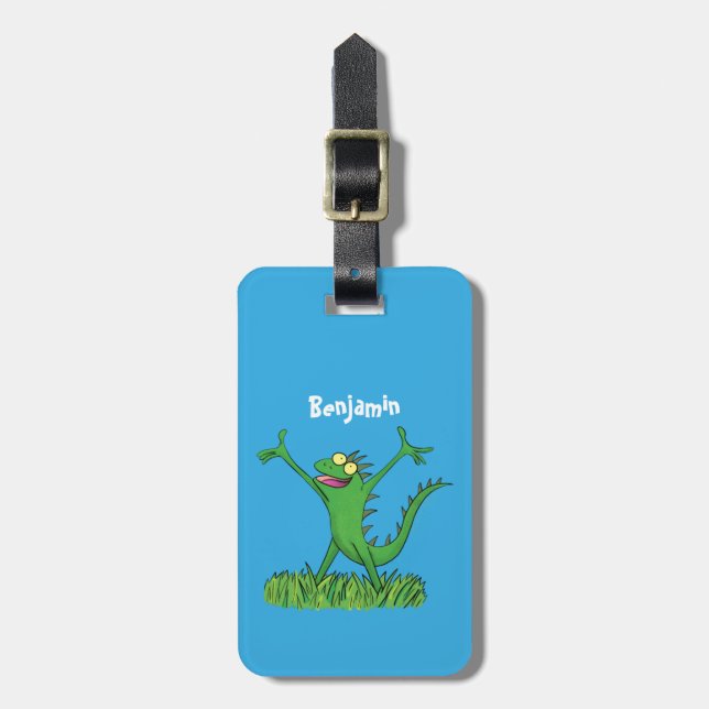Funny green smiling animated iguana lizard luggage tag (Front Vertical)