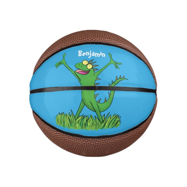 Funny green smiling animated iguana lizard mini basketball (Front)