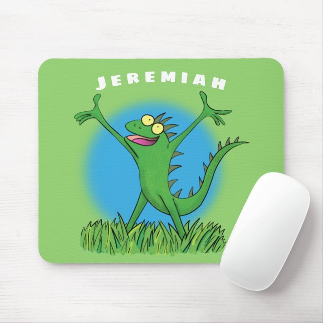 Funny green smiling animated iguana lizard mouse pad (With Mouse)