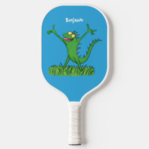 Funny green smiling animated iguana lizard  pickleball paddle
