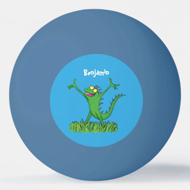 Funny green smiling animated iguana lizard ping pong ball (Front)