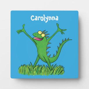 Funny green smiling animated iguana lizard plaque