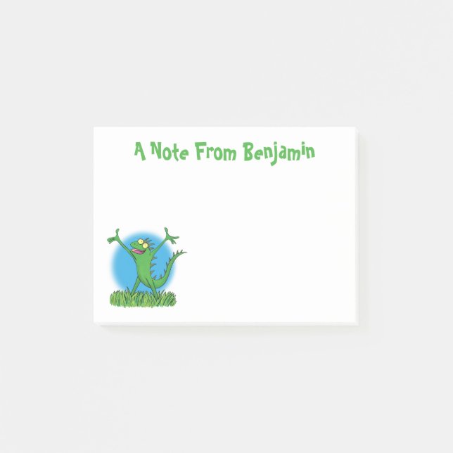 Funny green smiling animated iguana lizard post-it notes (Front)