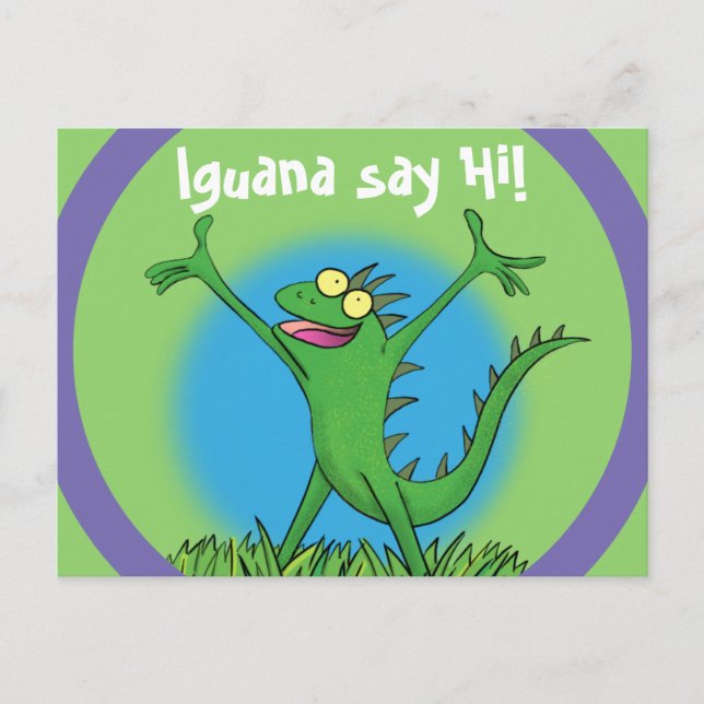 Funny green smiling animated iguana lizard postcard (Front)