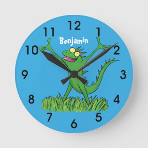 Funny green smiling animated iguana lizard round clock