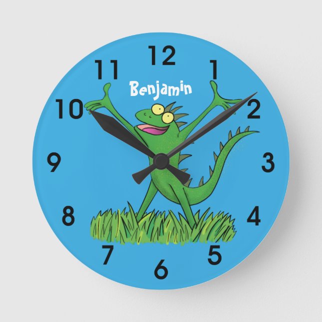 Funny green smiling animated iguana lizard round clock (Front)