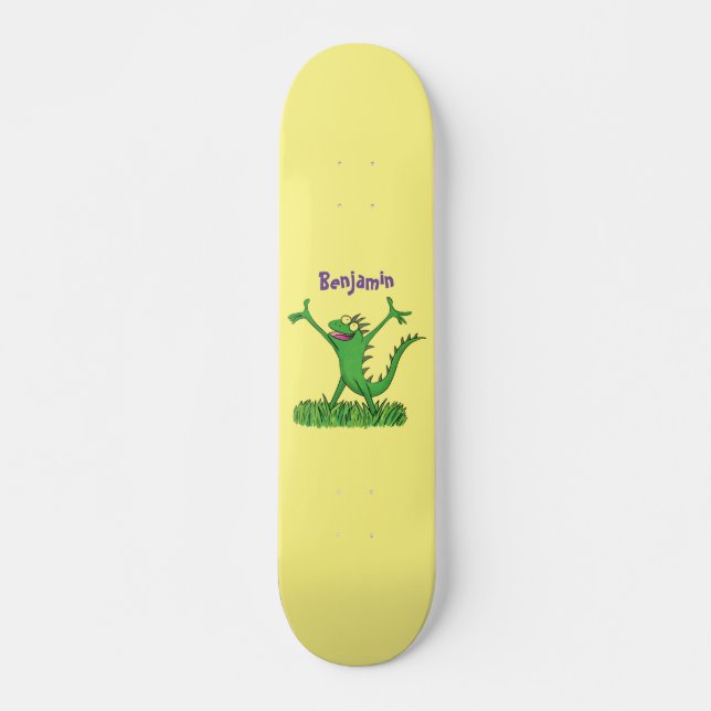 Funny green smiling animated iguana lizard skateboard (Front)