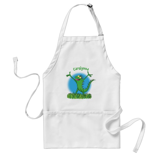 Funny green smiling animated iguana lizard  standard apron (Front)