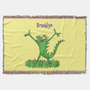 Funny green smiling animated iguana lizard throw blanket
